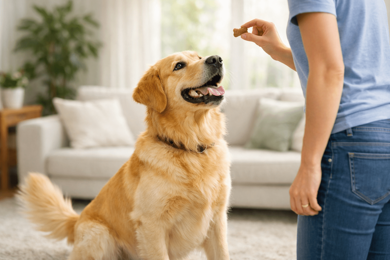 A person holding a treat in front of a golden retriever sitting attentively indoors, with a sofa and plants in the background—showing that not all breeds, like golden retrievers or even dalmatians, are aggressive dogs.