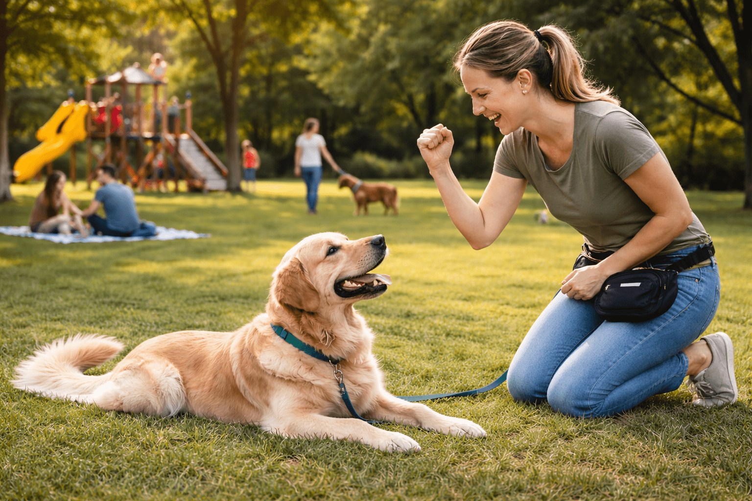 how to train a dog to lay down. A woman kneels on grass in a park, smiling and raising her fist as she practices positive reinforcement dog training with a happy golden retriever lying beside her. People and children play in the background near a playground and trees.