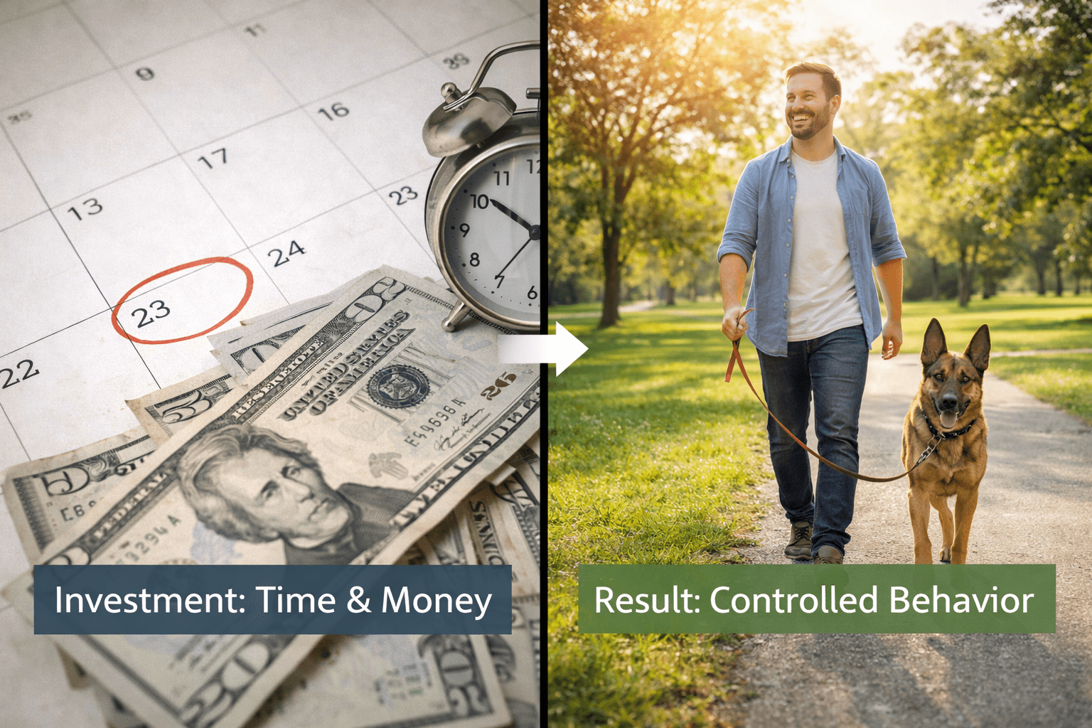 Board and Train vs Private Lessons for Aggressive Dogs 4 A split image: left shows money, a clock, and a calendar with the 23rd circled, labeled "Investment: Time & Money"; right shows a smiling man walking a well-behaved dog in a park, labeled "Result: Controlled Behavior.