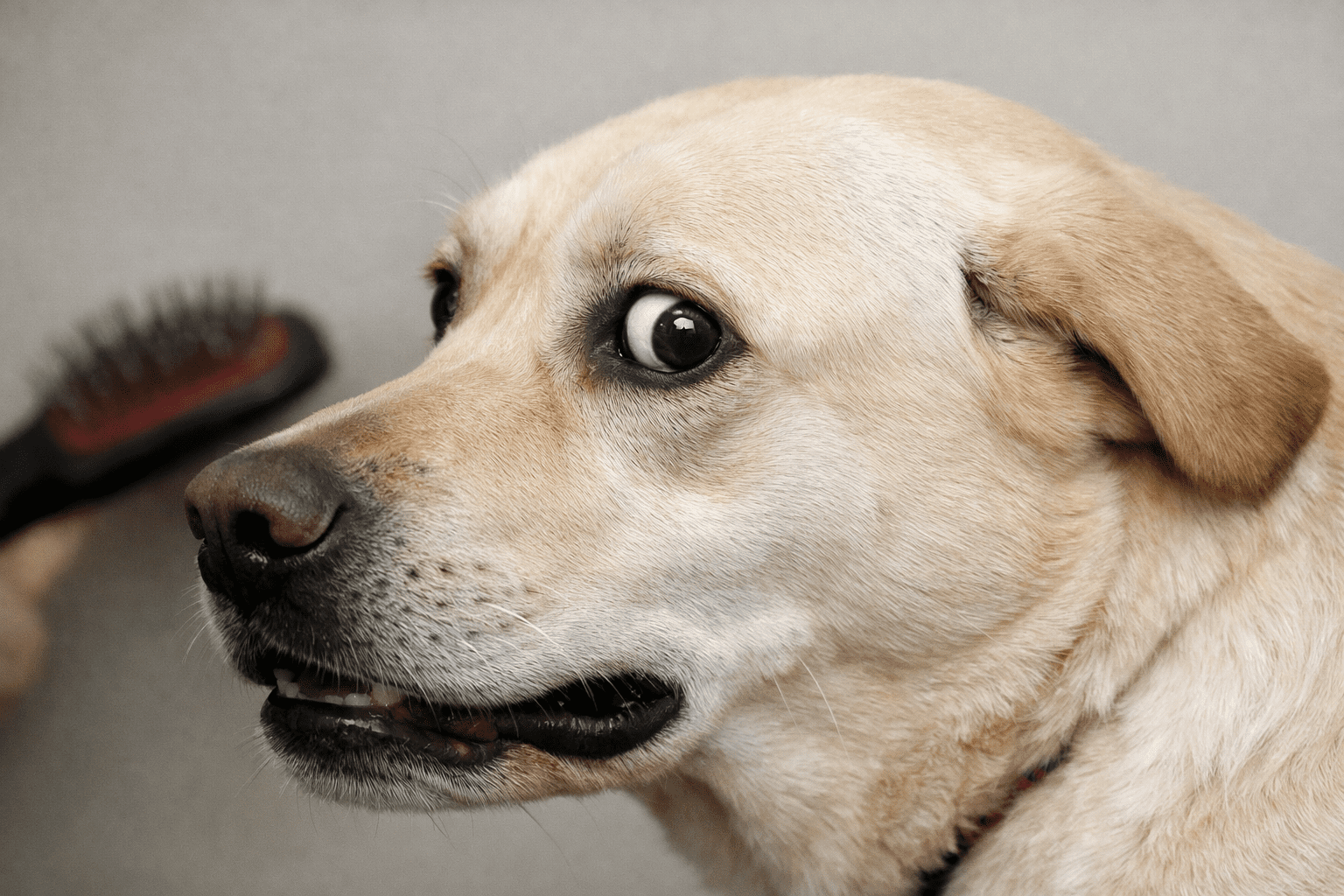 Grooming Aggressive Dogs: Safe Techniques and Professional Tips 1 A yellow Labrador retriever looks nervously over its shoulder, wide-eyed, as a hand holding a red-bristled brush approaches from behind.