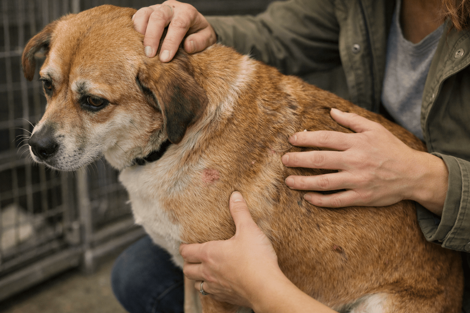 Signs of Bad Dog Boarding: What Every Dog Owner Should Know 1 A brown and white dog with visible skin sores is being gently examined and comforted by two people, one wearing a green jacket, inside what appears to be an animal shelter or veterinary clinic, possibly learning how to train a dog to lay down calmly.
