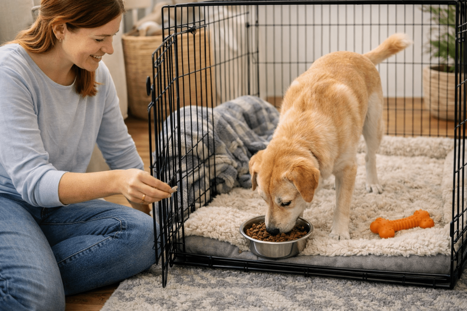 Crate Training a Dog with Separation Anxiety: Complete Guide 3 A woman sits next to a dog crate, smiling as a yellow dog eats from a bowl inside. While boarding a reactive dog, she’s ensured the crate has a cozy blanket, soft bed, and toy to help the pup feel comfortable and secure.