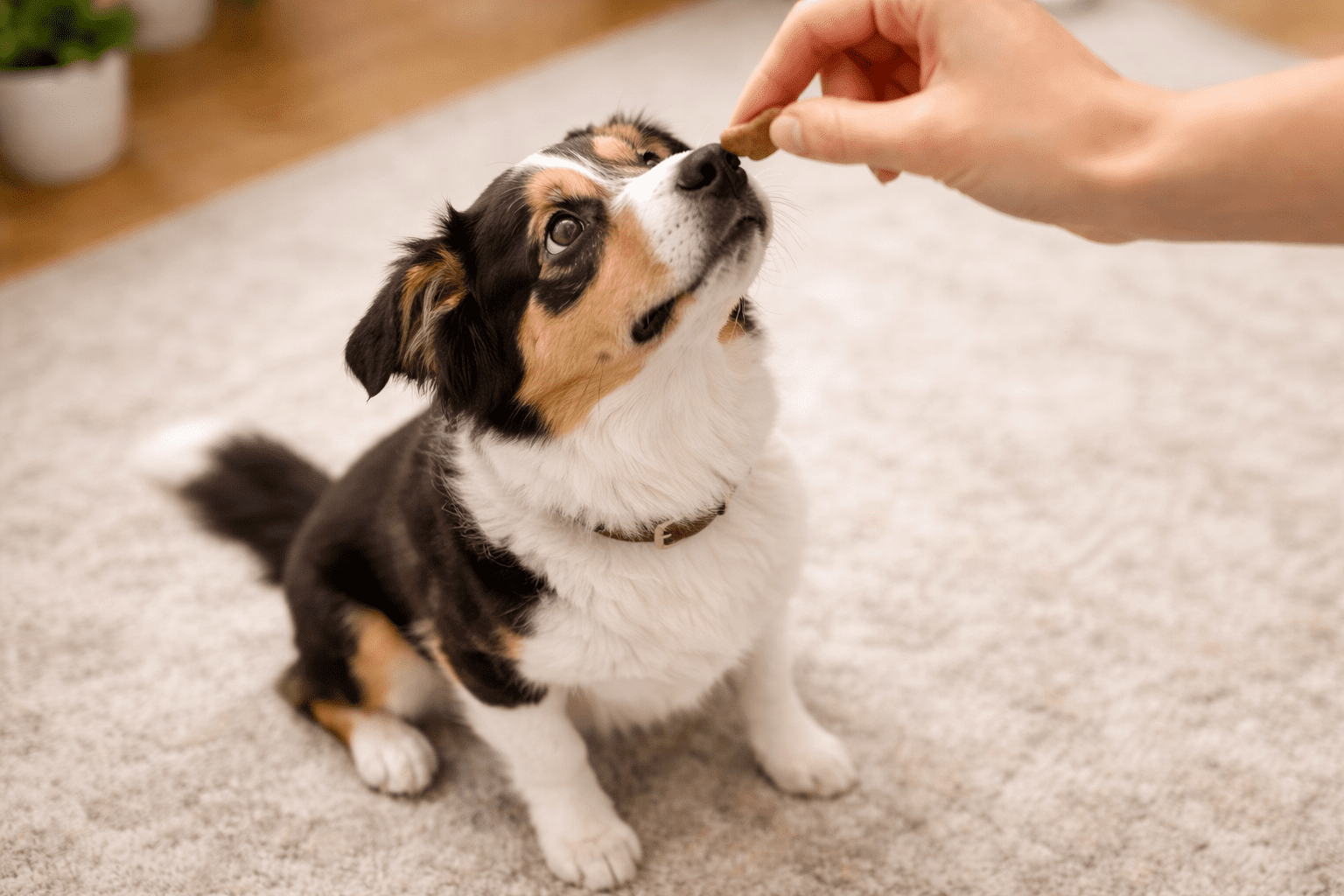 Owner training puppy with positive reinforcement