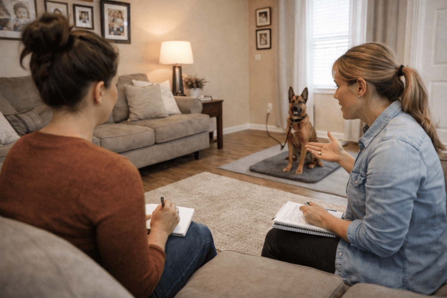 Board and Train vs Private Lessons for Aggressive Dogs 3 Two women sit on a sofa taking notes and talking, while a German Shepherd dog sits on a mat in the background in a cozy living room with framed photos and soft lighting.