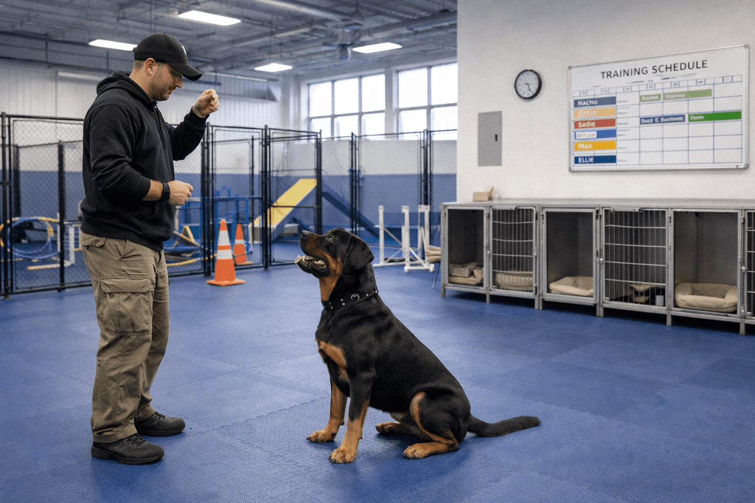 Board and Train vs Private Lessons for Aggressive Dogs 2 A man in a black hoodie and cap is training a large black and brown dog sitting on a blue mat in an indoor facility with kennels, agility equipment, and a training schedule on the wall.