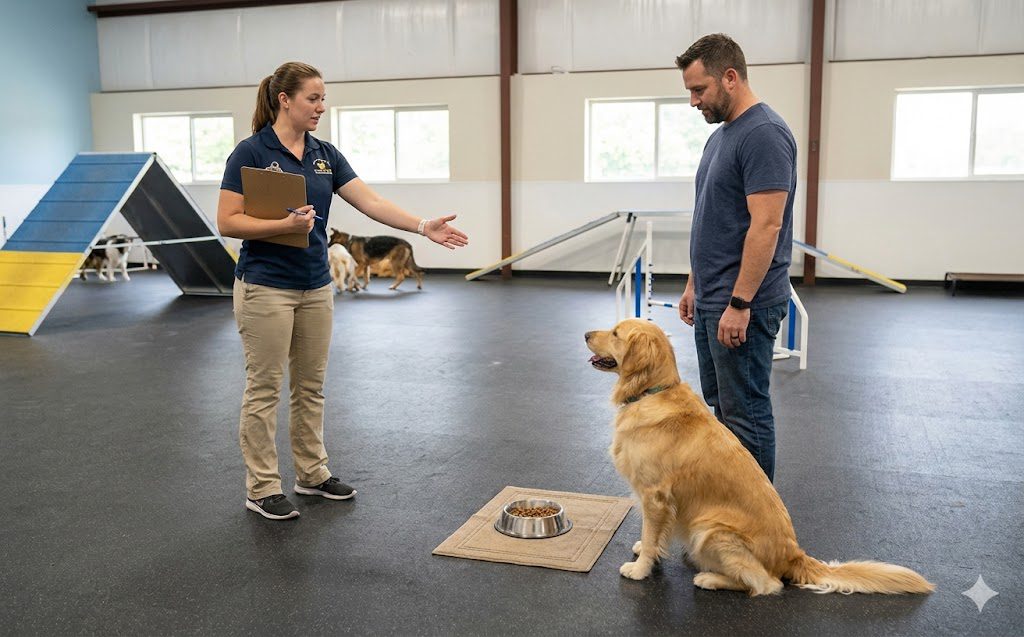 How to Stop Food Aggression with Dogs Safely 4 A woman with a clipboard gestures toward a golden retriever sitting in front of a bowl of food, while discussing why “dog keep humping me,” as a man stands nearby in an indoor training facility with agility equipment and other dogs in the background.