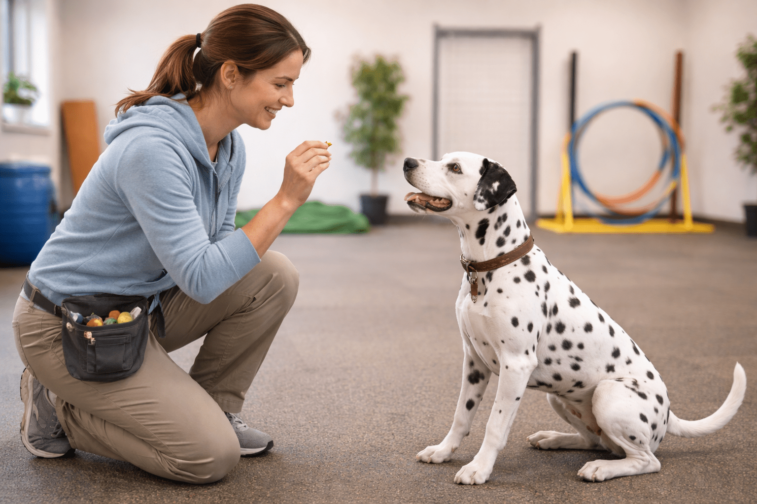 Are Dalmatians Aggressive Dogs? Understanding This Spotted Breed's Temperament 3 A woman kneels and holds a treat, smiling at a sitting Dalmatian dog in a training room with agility equipment and plants—perfect for addressing common behaviors like when your dog keeps humping you.