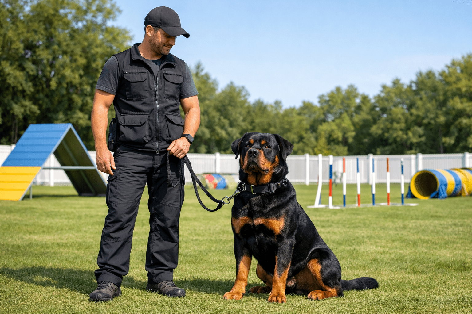 Top 10 Aggressive Dogs: Breeds, Traits, and What You Need to Know 11 A man in black training attire stands on grass holding the leash of a large Rottweiler. Behind them are colorful agility obstacles and poles, with trees and a white fence in the background on a sunny day.