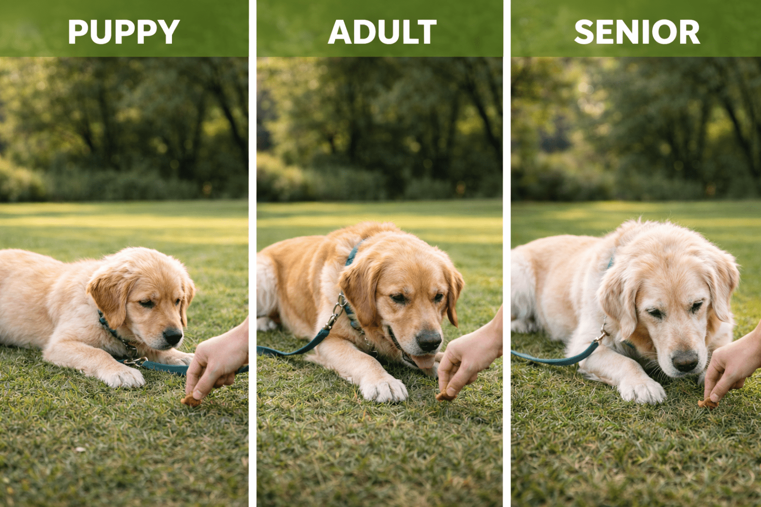 How to Train a Dog to Lay Down: Step-by-Step Guide for Success 4 Three side-by-side photos show the same golden retriever as a puppy, adult, and senior lying on grass, each receiving a treat by hand—a perfect example of positive reinforcement dog training in a grassy park with trees.