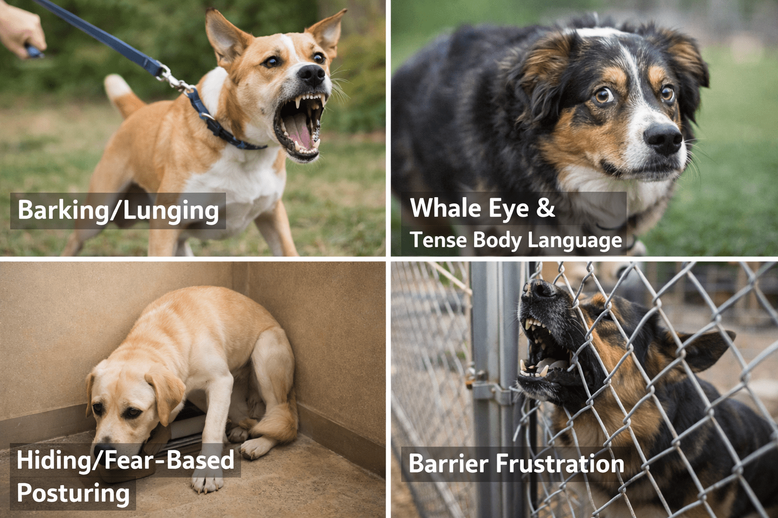 Boarding a Reactive Dog: Complete Guide for Safe Care 1 A collage of four dogs showing signs of bad dog boarding: a growling dog lunging on a leash, a dog with wide eyes and tense posture, a cowering dog hiding, and a barking dog biting at a fence. Each has a text label describing the behavior.