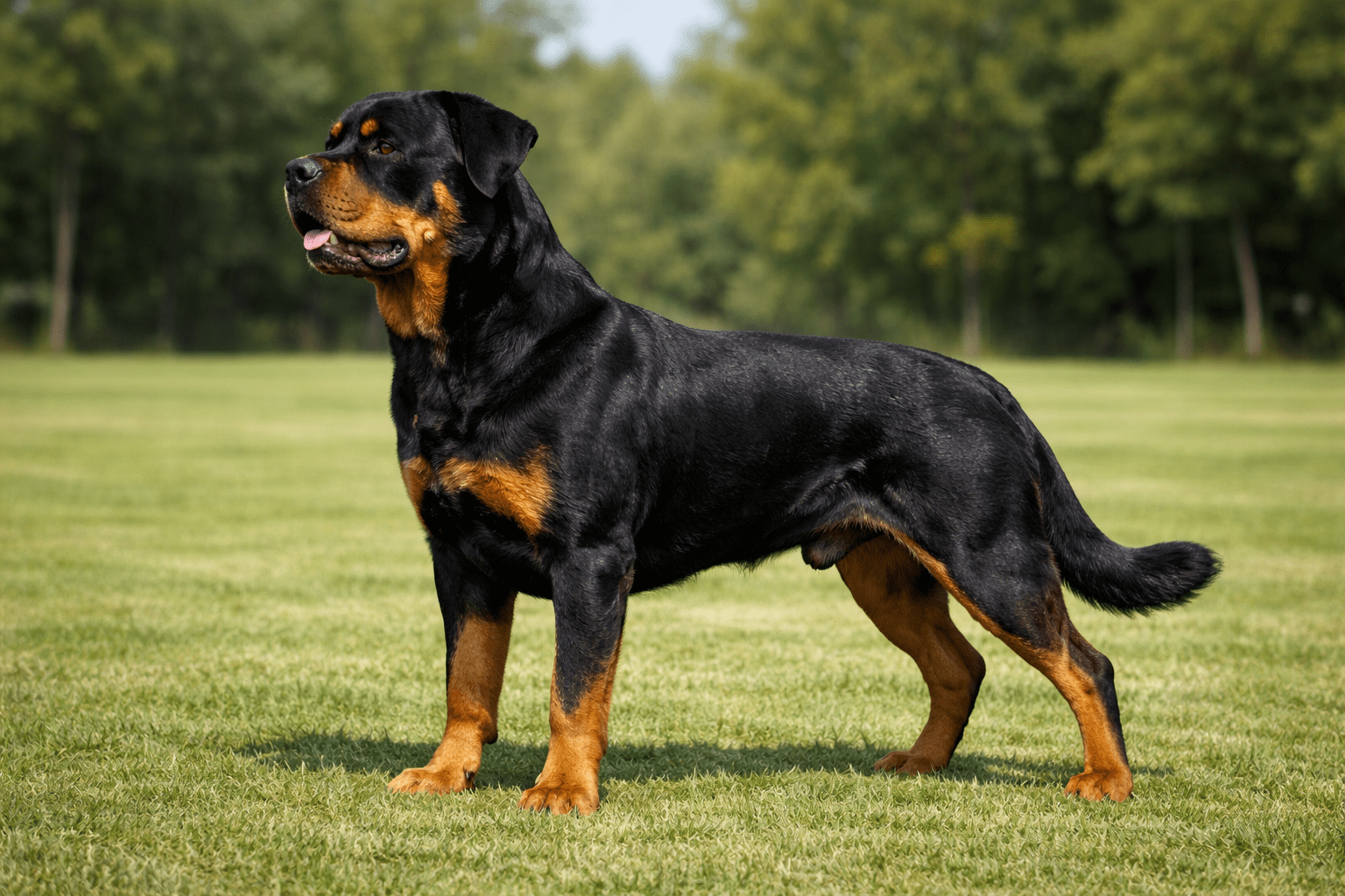 Top 10 Aggressive Dogs: Breeds, Traits, and What You Need to Know 2 A large Rottweiler dog with a shiny black and tan coat stands alert on green grass in a park, with trees blurred in the background.