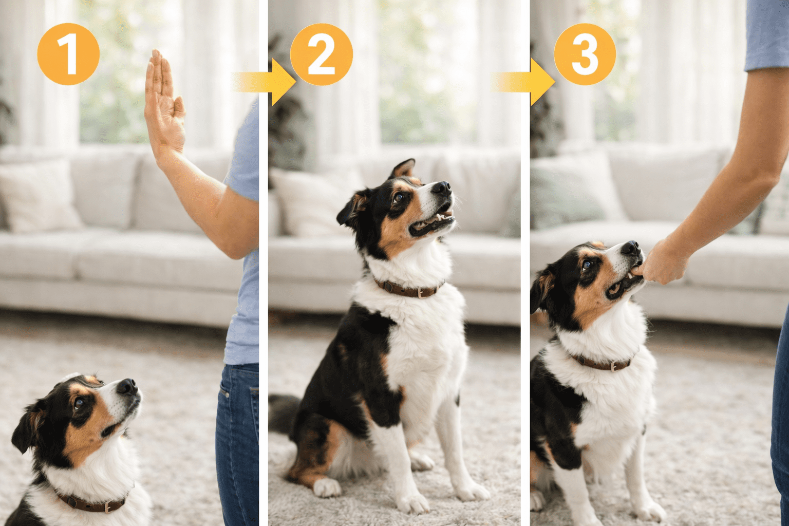 Positive Reinforcement Dog Training: A Complete Guide to Reward-Based Methods 1 A three-step sequence shows a person training a dog: 1) hand raised, palm facing the dog, 2) dog—are dalmatians aggressive dogs?—sitting and looking up, 3) person giving the treat. Numbers mark each step.