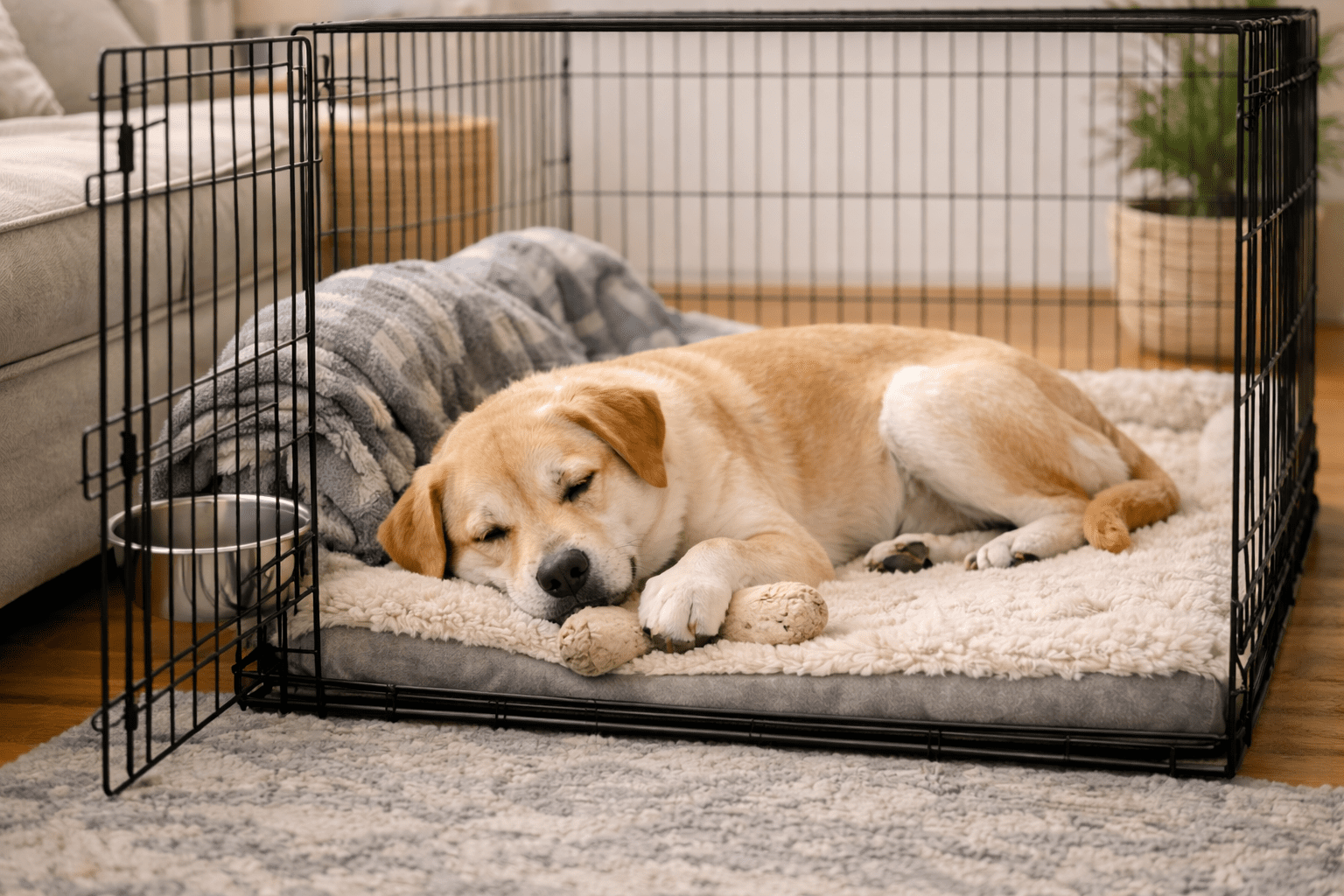Crate Training a Dog with Separation Anxiety: Complete Guide 5 A tan dog is boarding a reactive dog stay, sleeping on a soft bed inside a metal crate with the door open. The dog rests its head on a plush toy, with a cozy blanket and bowl nearby—a peaceful, inviting scene.