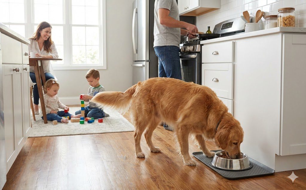How to Stop Food Aggression with Dogs Safely 5 A golden retriever, who lately tries to dog keep humping me, eats from a bowl on a bright kitchen floor while a man cooks. In the background, a woman watches two young children play with toys on a modern rug.