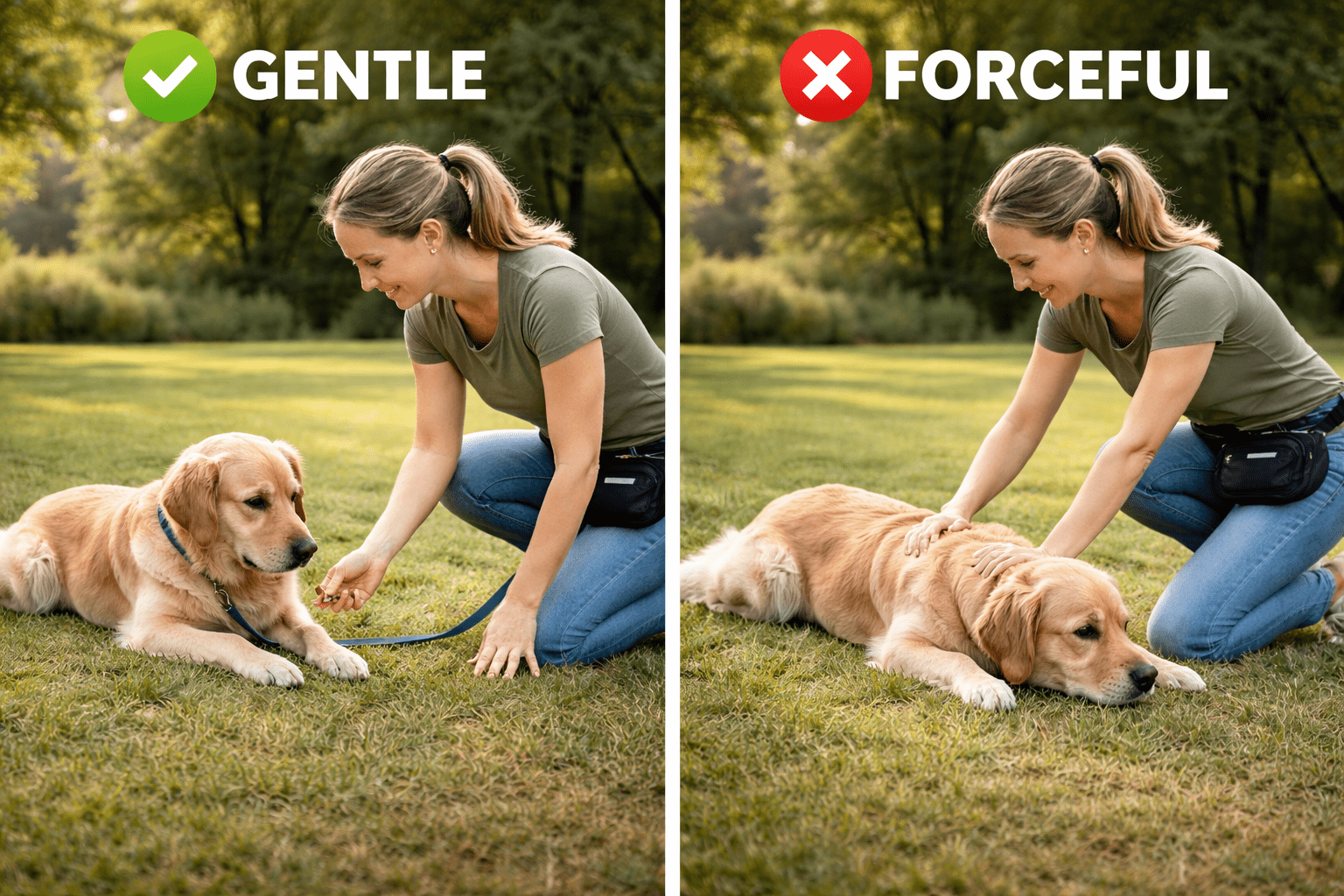 How to Train a Dog to Lay Down: Step-by-Step Guide for Success 3 Split image shows a woman interacting with a dog. Left: She gently pets the calm dog, labeled "GENTLE" with a green check—an example of positive reinforcement dog training. Right: She forcefully pats the nervous dog, labeled "FORCEFUL" with a red X.