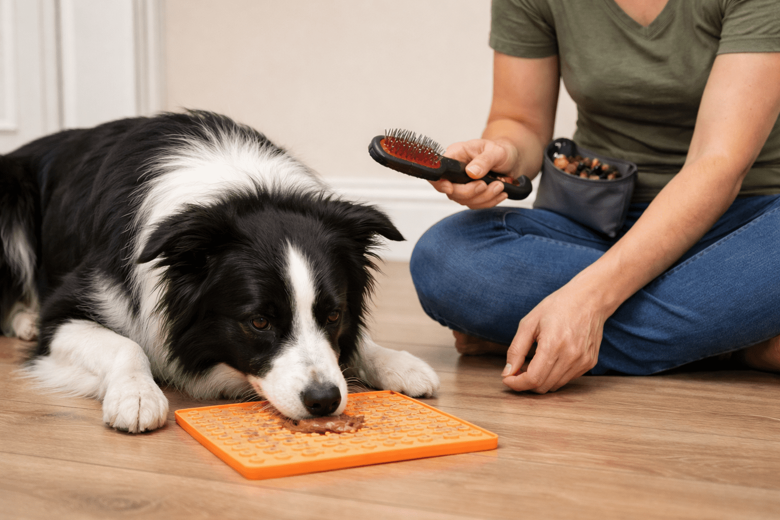 Grooming Aggressive Dogs: Safe Techniques and Professional Tips 3 A black and white dog lies on the floor licking a textured orange mat while a person sitting nearby holds a grooming brush and a treat pouch.