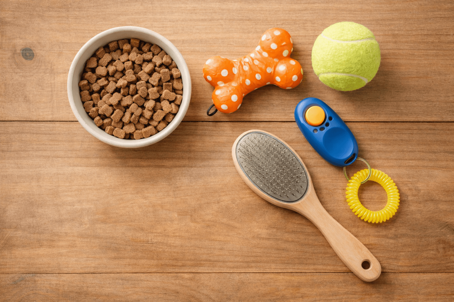Positive Reinforcement Dog Training: A Complete Guide to Reward-Based Methods 2 A bowl of dry dog food, an orange bone-shaped toy, a yellow tennis ball, a blue clicker with a yellow spiral wristband, and a dog brush are arranged on a wooden surface—perfect for caring for all breeds, even if you wonder, “Are Dalmatians aggressive dogs?”.