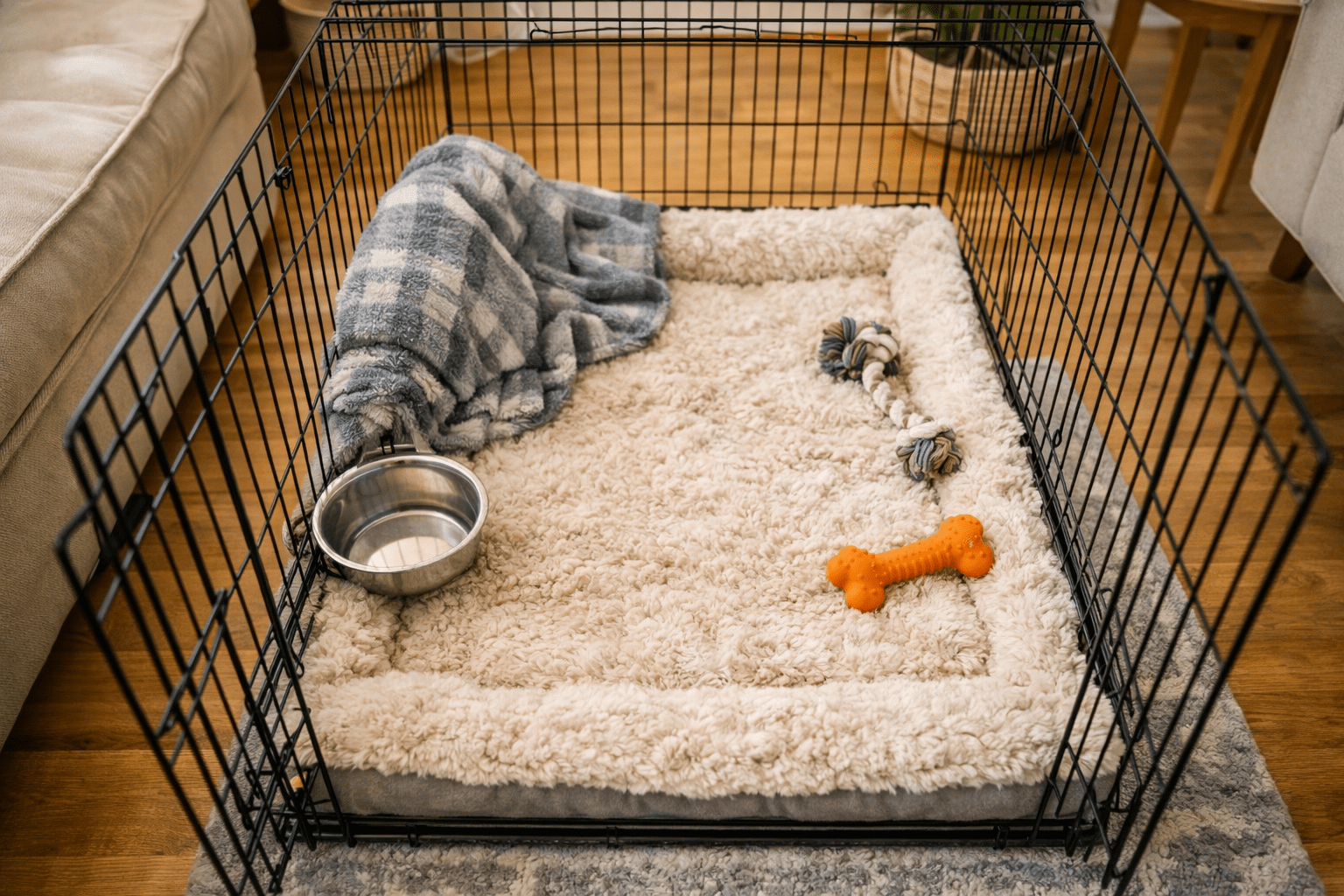 Crate Training a Dog with Separation Anxiety: Complete Guide 2 A cozy dog crate for boarding a reactive dog, featuring a soft bed, a blue-and-white checkered blanket, water bowl, chew rope, and an orange bone toy inside, set on a wooden floor in a sunny room.