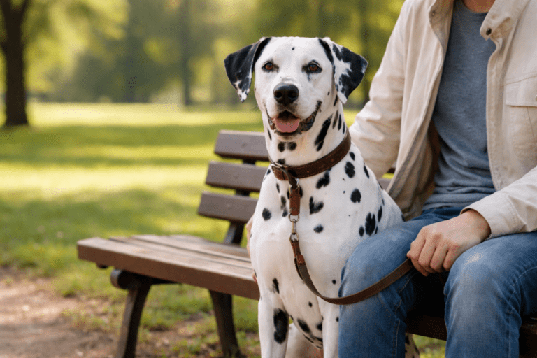 A Dalmatian dog on a leash sits on a park bench next to a person in a light jacket, enjoying the sunny park—perhaps here for some fresh air after their dog kept humping them at home. Green grass and leafy trees fill the background.