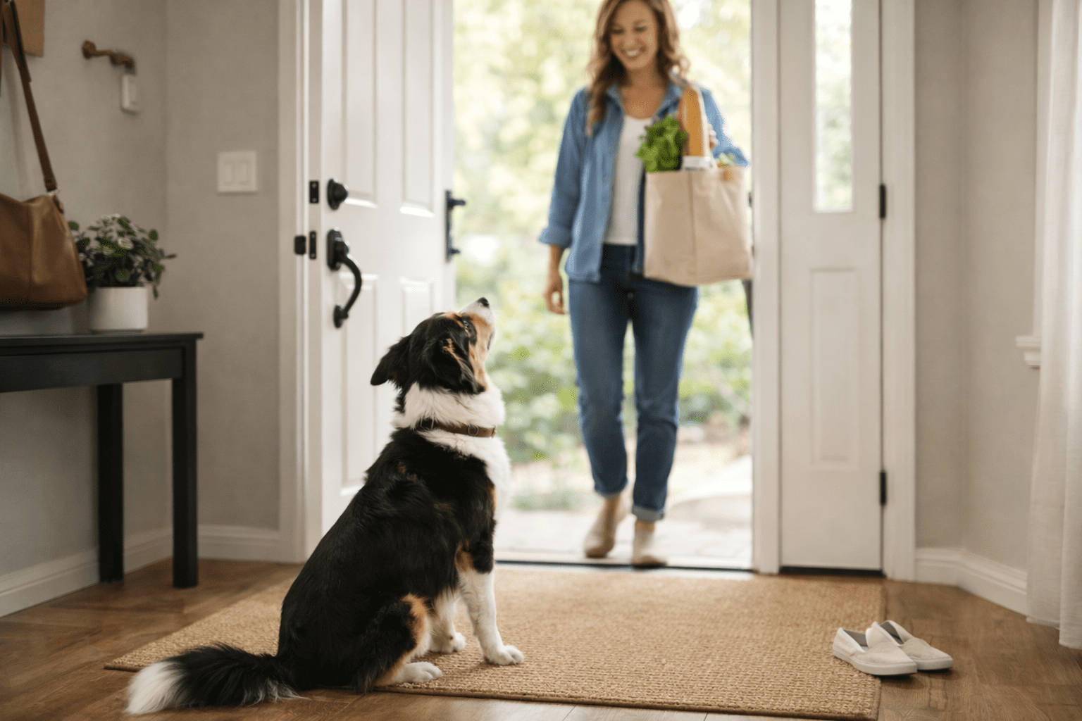 Positive Reinforcement Dog Training: A Complete Guide to Reward-Based Methods 4 A dog sits on a rug inside a home, looking toward a smiling woman entering the front door carrying a grocery bag. Sunlight streams in, and a pair of shoes lies nearby—proof that not all are dalmatians aggressive dogs as some may think.