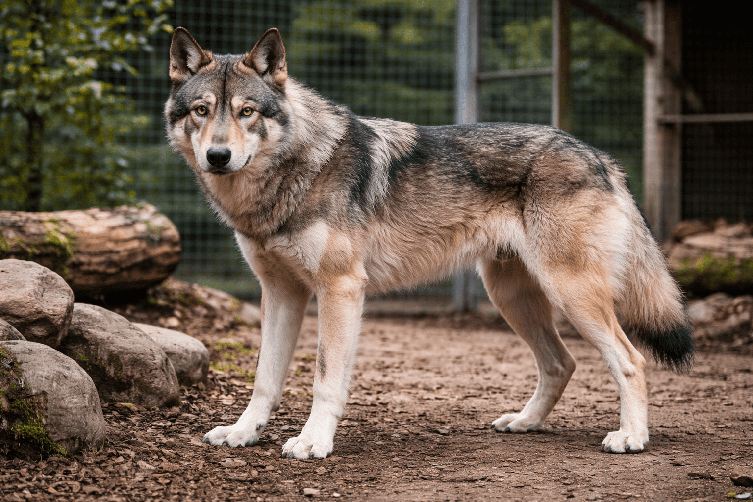 Top 10 Aggressive Dogs: Breeds, Traits, and What You Need to Know 10 A gray wolf with thick fur stands on a dirt ground in an outdoor enclosure, looking directly at the camera. Rocks and logs are in the background, with green trees and a wire fence visible.