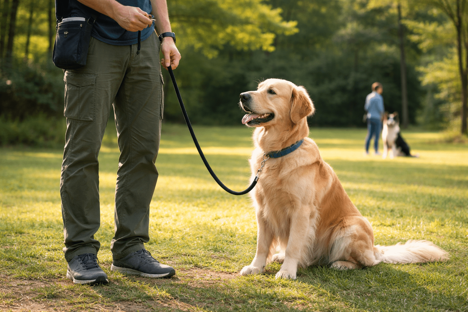 Adult dog being socialized outdoors with trainer