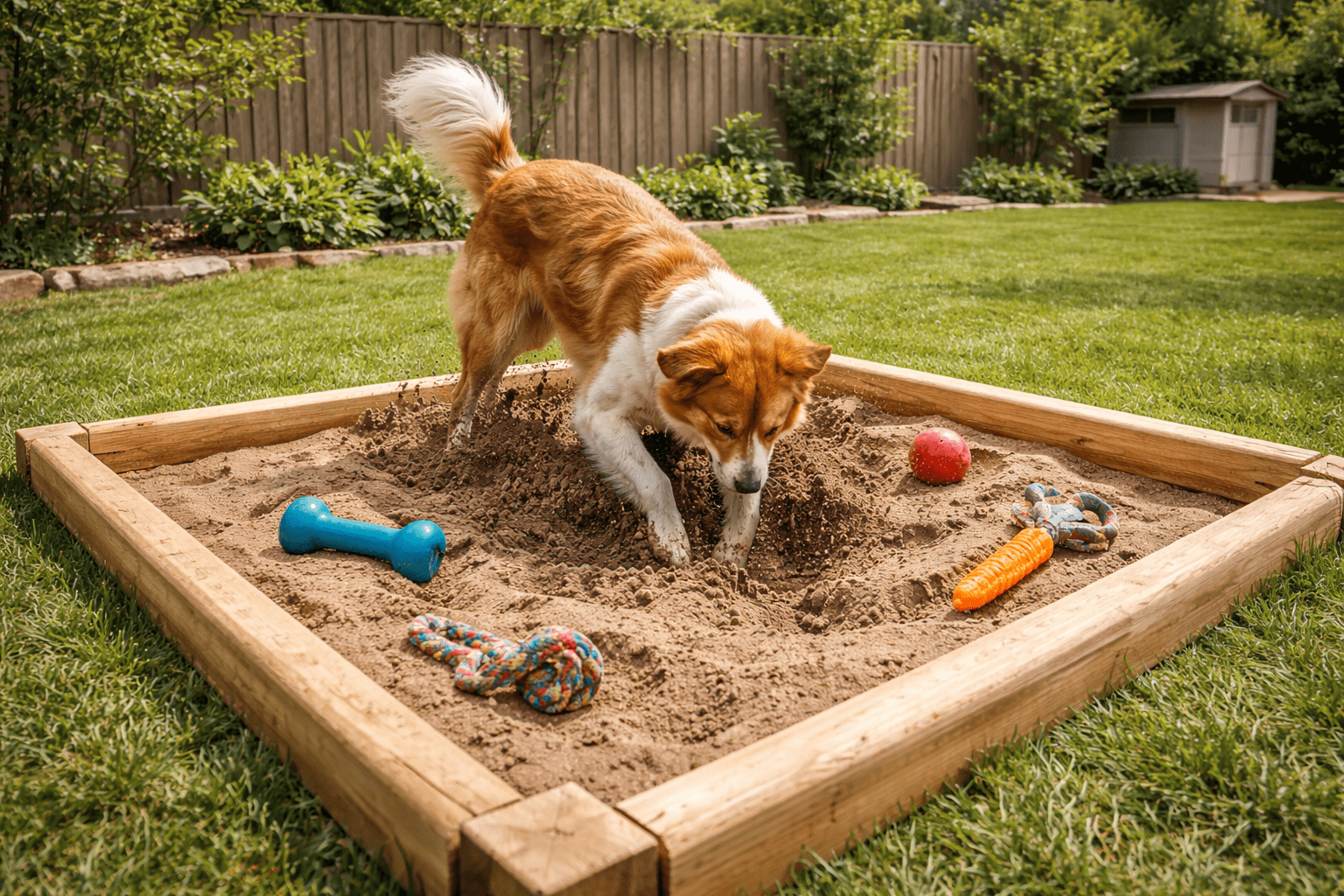 How to Stop Dogs from Digging: Proven Strategies for a Beautiful Yard 5 A brown and white dog is digging in a sandbox in a grassy backyard, surrounded by colorful dog toys, including a blue bone, a red ball, an orange toy, and a multicolored rope.