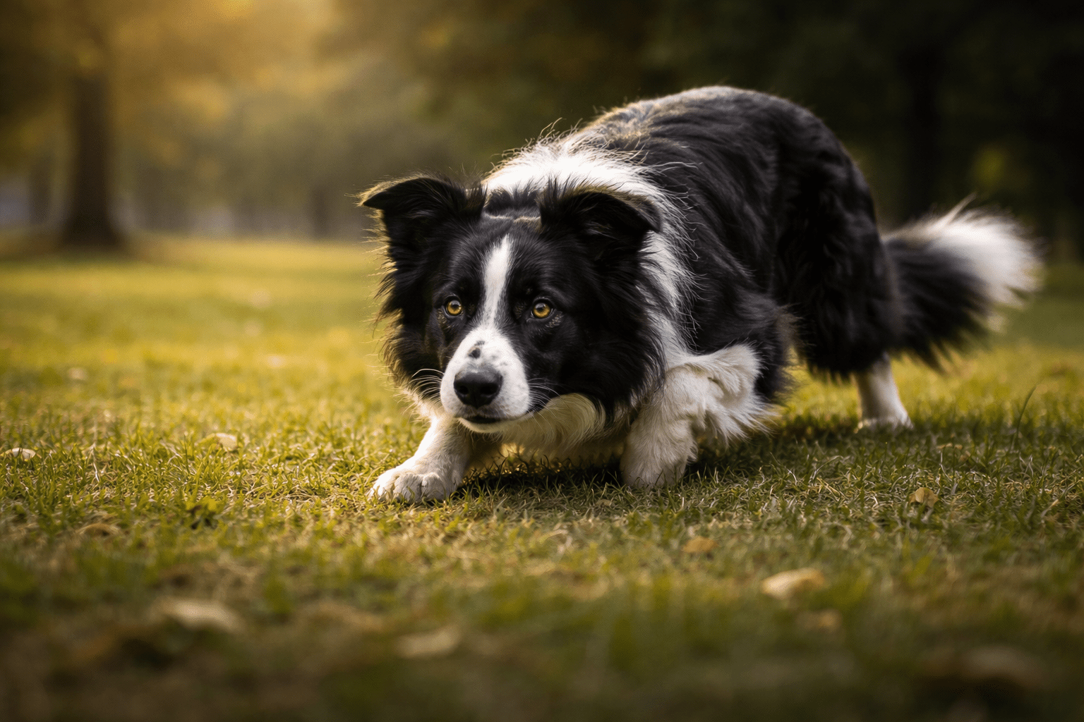 What Is Prey Drive in Dogs: Understanding Your Dog's Hunting Instinct 1 A black and white Border Collie crouches alertly on green grass in a sunlit park, intently focused ahead with ears perked up.