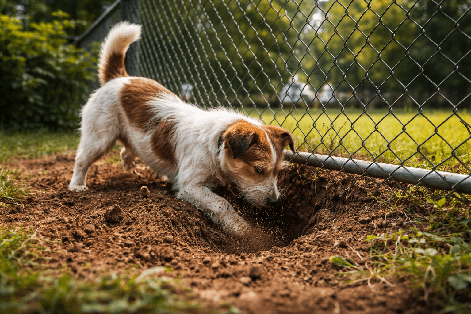 Why Do Dogs Run Away? Understanding the Causes and Prevention 2 A small brown and white dog digs a hole in the dirt next to a chain-link fence in a grassy backyard, focused intently on its task.