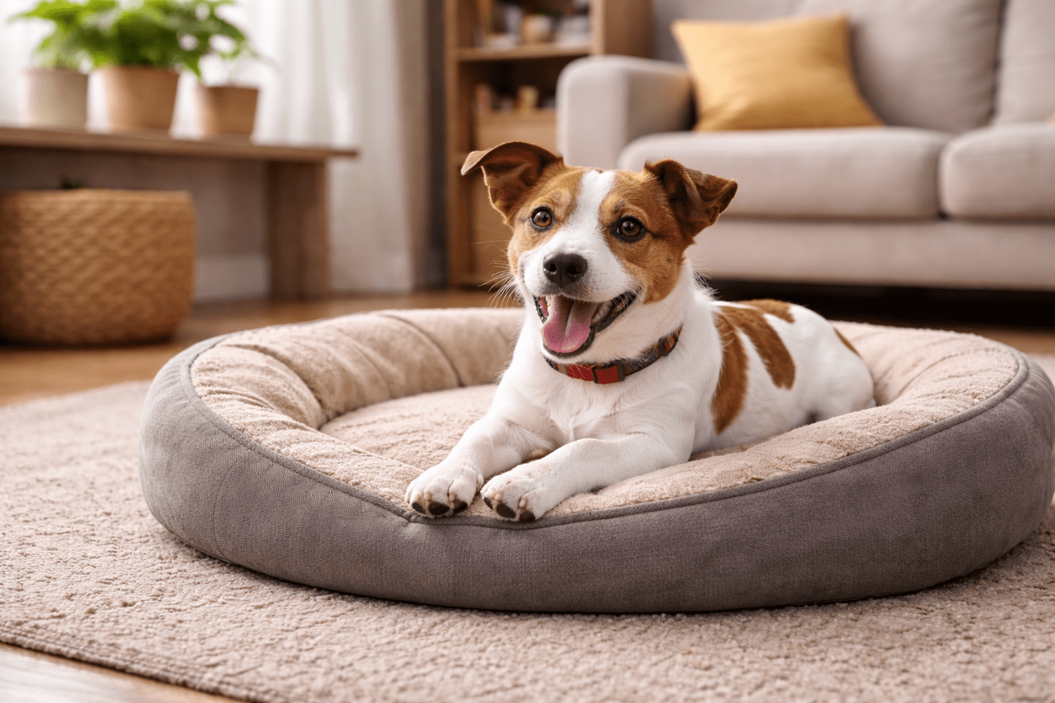 How to Calm a Hyperactive Dog: Proven Techniques That Work 4 A small, happy dog with brown and white fur lies on a round, plush dog bed in a cozy living room with a sofa, plants, and soft lighting in the background.