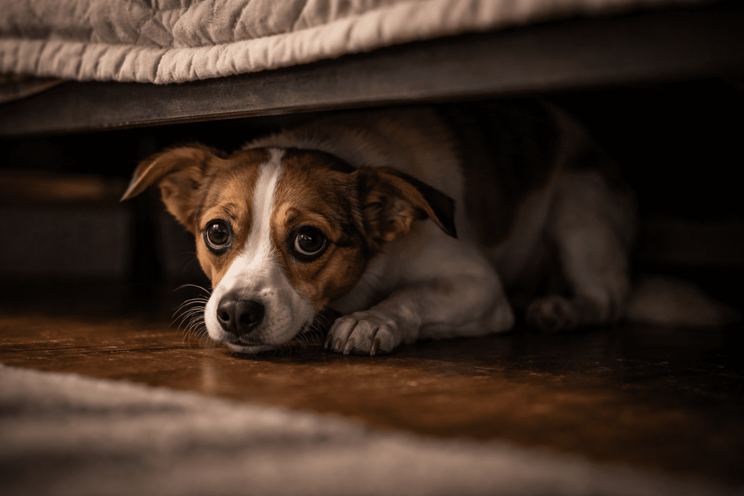 A small brown and white dog lies under a bed on a wooden floor, looking up with wide, anxious eyes. Unlike the myth that asks “are dalmatians aggressive dogs,” this pup’s gentle gaze and tucked ears show only shyness and vulnerability.