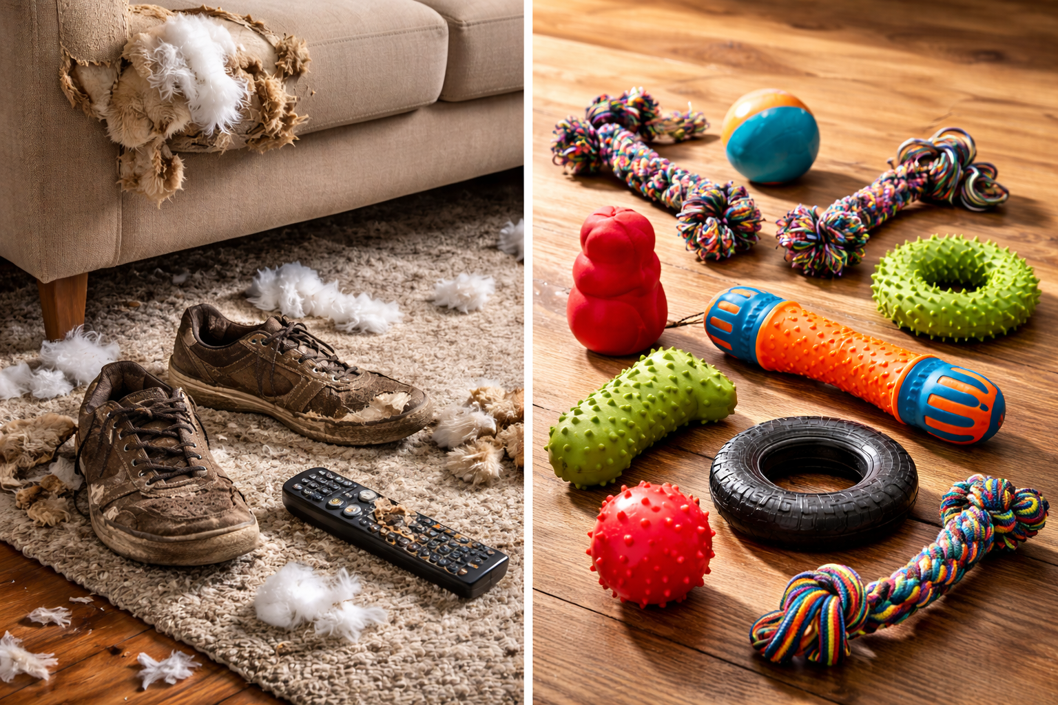 Dog Toys for Hyperactive Dogs: Best Options to Channel Their Energy 1 Side-by-side comparison showing destroyed household items versus appropriate heavy-duty dog toys