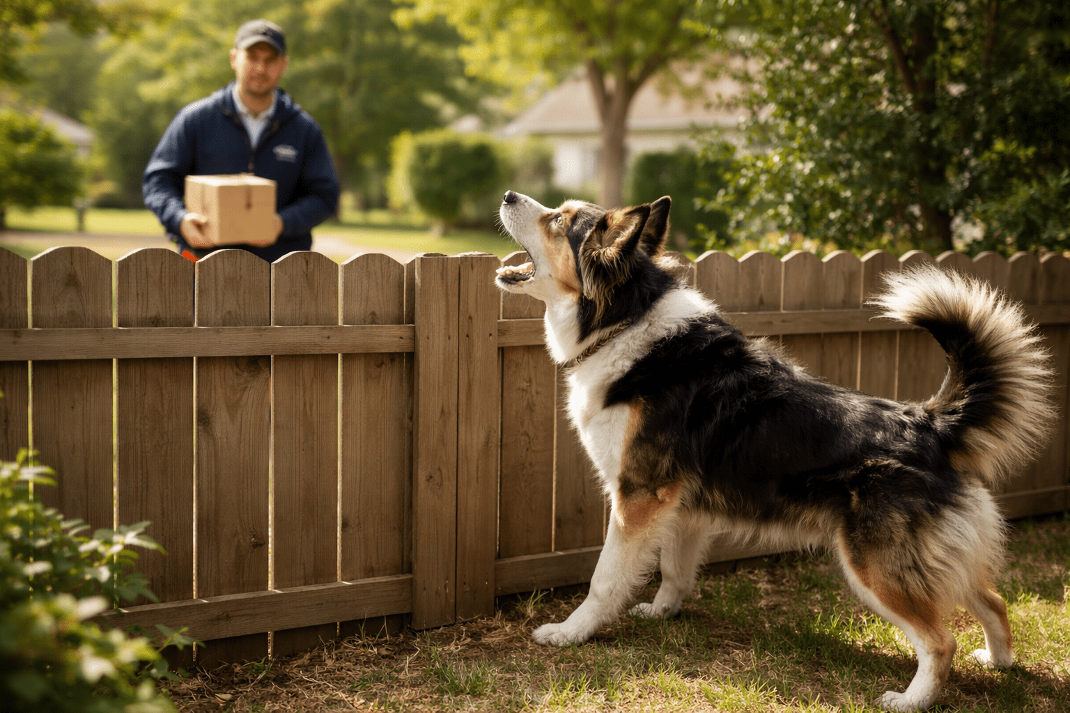 How to Stop Territorial Barking: Effective Training Methods That Work 1 Dog exhibiting territorial barking behavior at fence line as mailman approaches