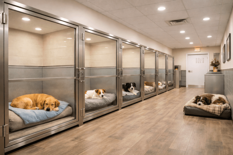 Dog boarding facility with clean individual kennels