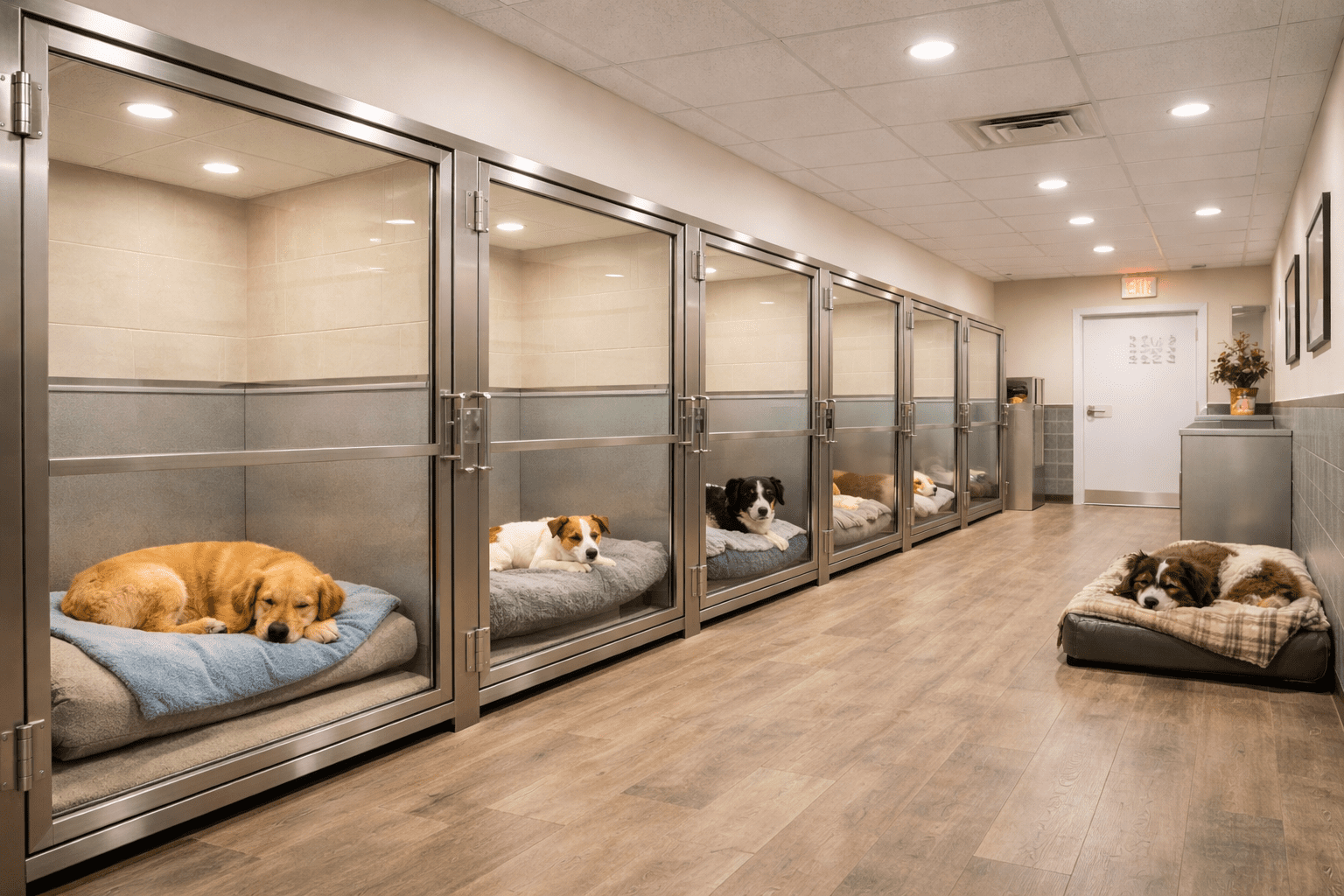 Dog boarding facility with clean individual kennels