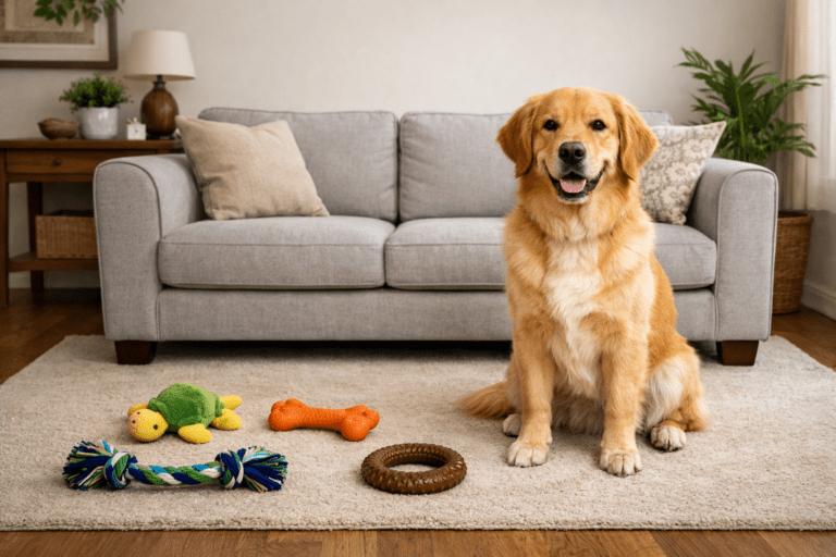 A golden retriever sits on a rug in front of a gray sofa, surrounded by colorful dog toys—even if your dog keep humping me concerns are real, this playful scene captures pure coziness in the living room.
