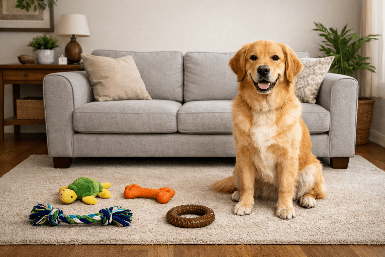 A golden retriever sits on a rug in front of a gray sofa, surrounded by colorful dog toys—even if your dog keep humping me concerns are real, this playful scene captures pure coziness in the living room.