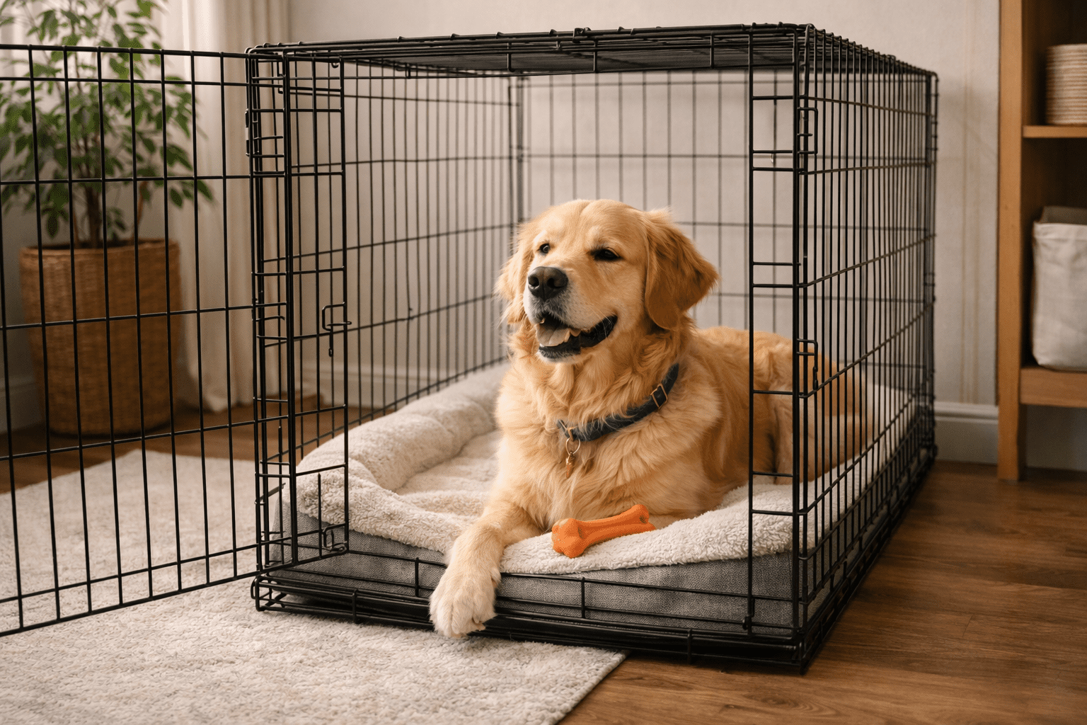 How to Train Your Dog to Stay Home Alone: A Complete Guide 4 A golden retriever lies comfortably on a soft bed inside a black wire crate, with a small orange chew toy in front. Unlike questions such as “are dalmatians aggressive dogs,” this scene showcases gentle relaxation in a cozy, well-lit room.