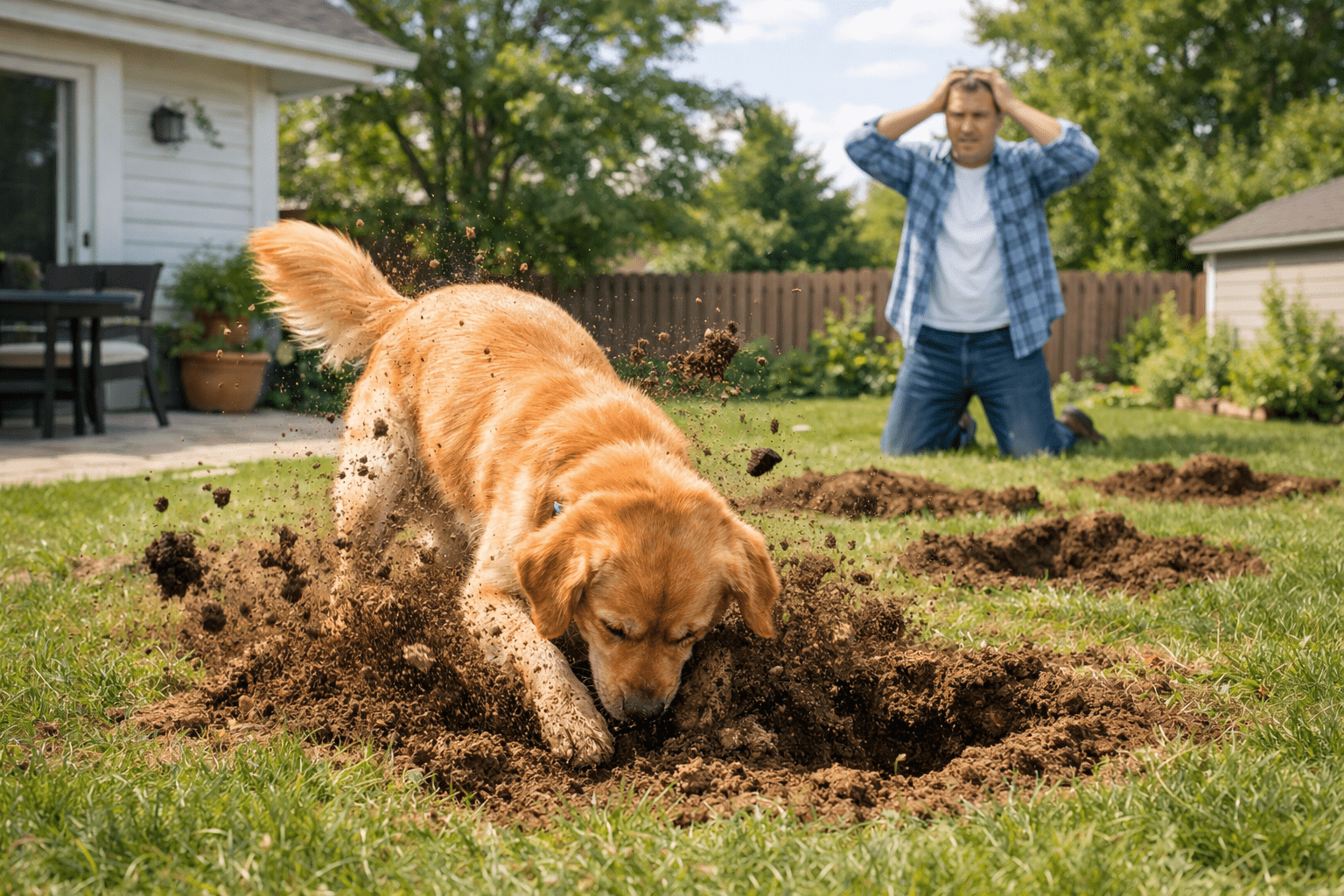 A golden retriever digs energetically in a backyard, spraying dirt everywhere. In the background, a man kneels on the grass, holding his head in frustration over several large holes in the lawn.