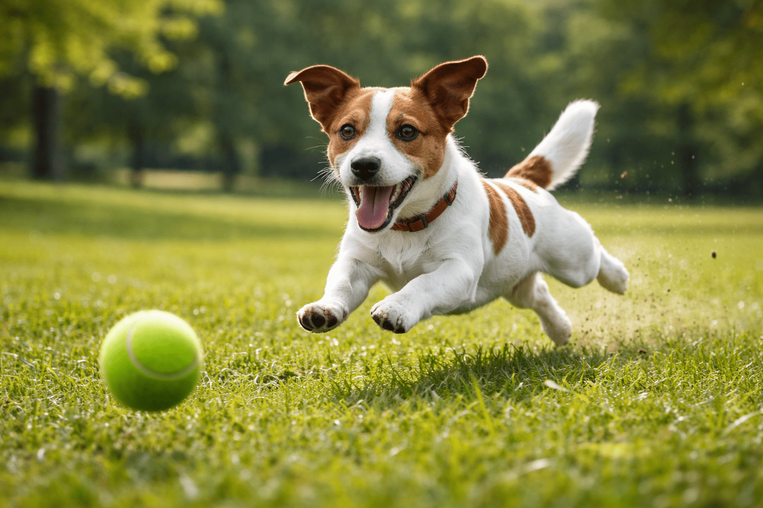 How to Calm a Hyperactive Dog: Proven Techniques That Work 2 A happy Jack Russell Terrier dog leaps excitedly through the grass toward a bright green tennis ball in a sunny, green park.