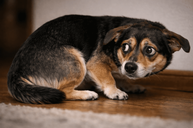 A small dog with black and brown fur crouches on a wooden floor, looking up with wide, anxious eyes. Its ears are pulled back and its body language appears fearful or nervous.