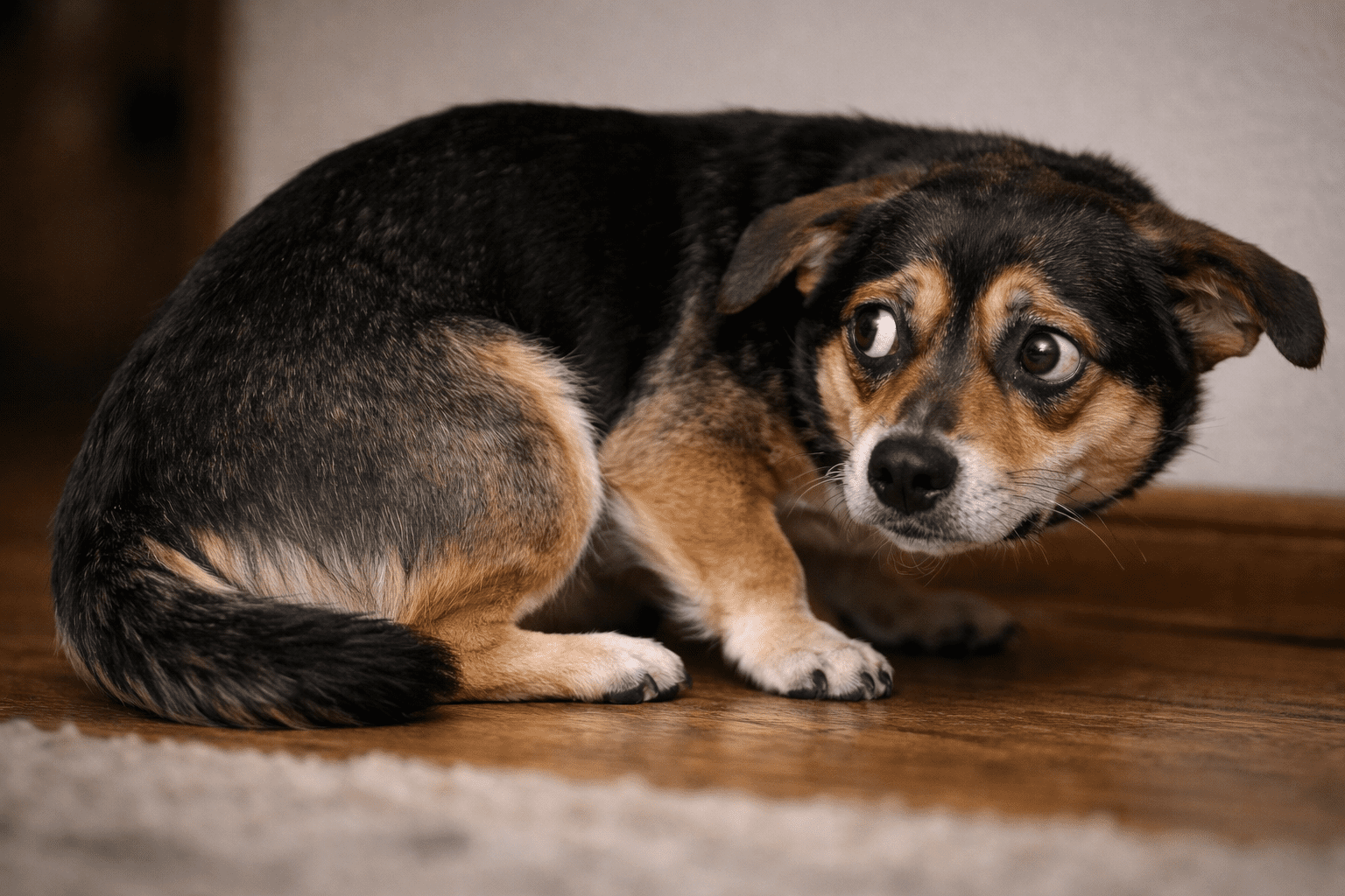 A small dog with black and brown fur crouches on a wooden floor, looking up with wide, anxious eyes. Its ears are pulled back and its body language appears fearful or nervous.
