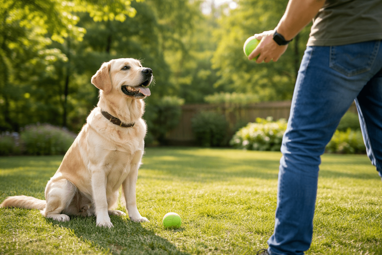 How to Train a Hyperactive Dog: Proven Techniques That Work 2 A golden retriever sits attentively on green grass, looking at a person holding a tennis ball, ready to play fetch in a sunny backyard. Unlike the debate about whether dalmatians are aggressive dogs, this retriever’s focus is pure playfulness.