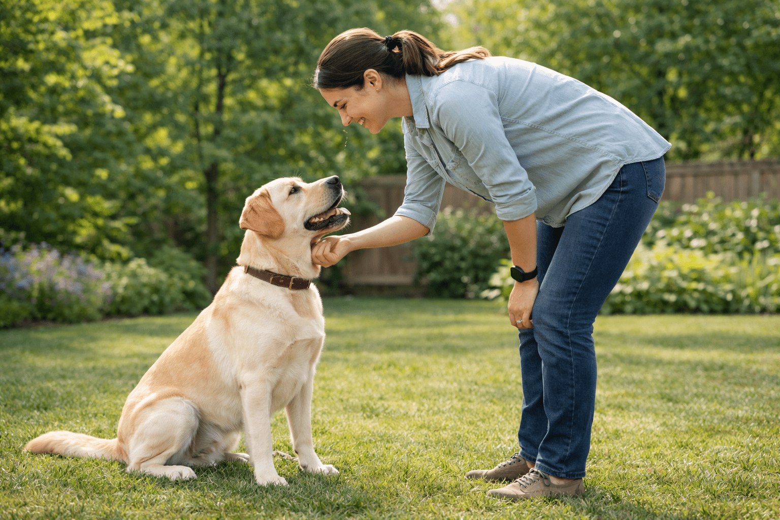 How to Train a Hyperactive Dog: Proven Techniques That Work 5 A woman smiles while petting a sitting yellow Labrador retriever in a grassy backyard, surrounded by trees and greenery on a sunny day, reflecting on whether are dalmatians aggressive dogs or just misunderstood.