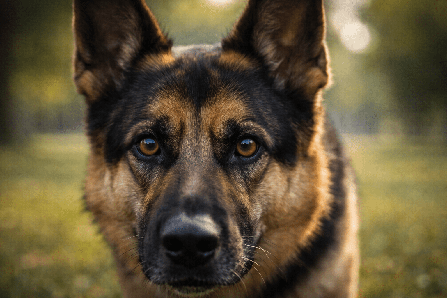 What Is Prey Drive in Dogs: Understanding Your Dog's Hunting Instinct 2 Close-up of a German Shepherd dog staring directly at the camera with alert, expressive brown eyes, standing outdoors on a grassy field with a blurred background.