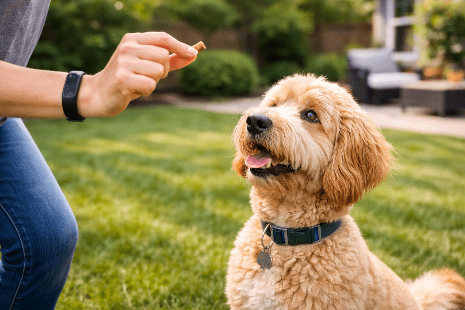 How to Stop a Dog from Eating Poop: A Complete Guide for Dog Owners 3 A fluffy, tan dog with a blue collar sits on green grass, looking up attentively at a person holding a treat outdoors on a sunny day.