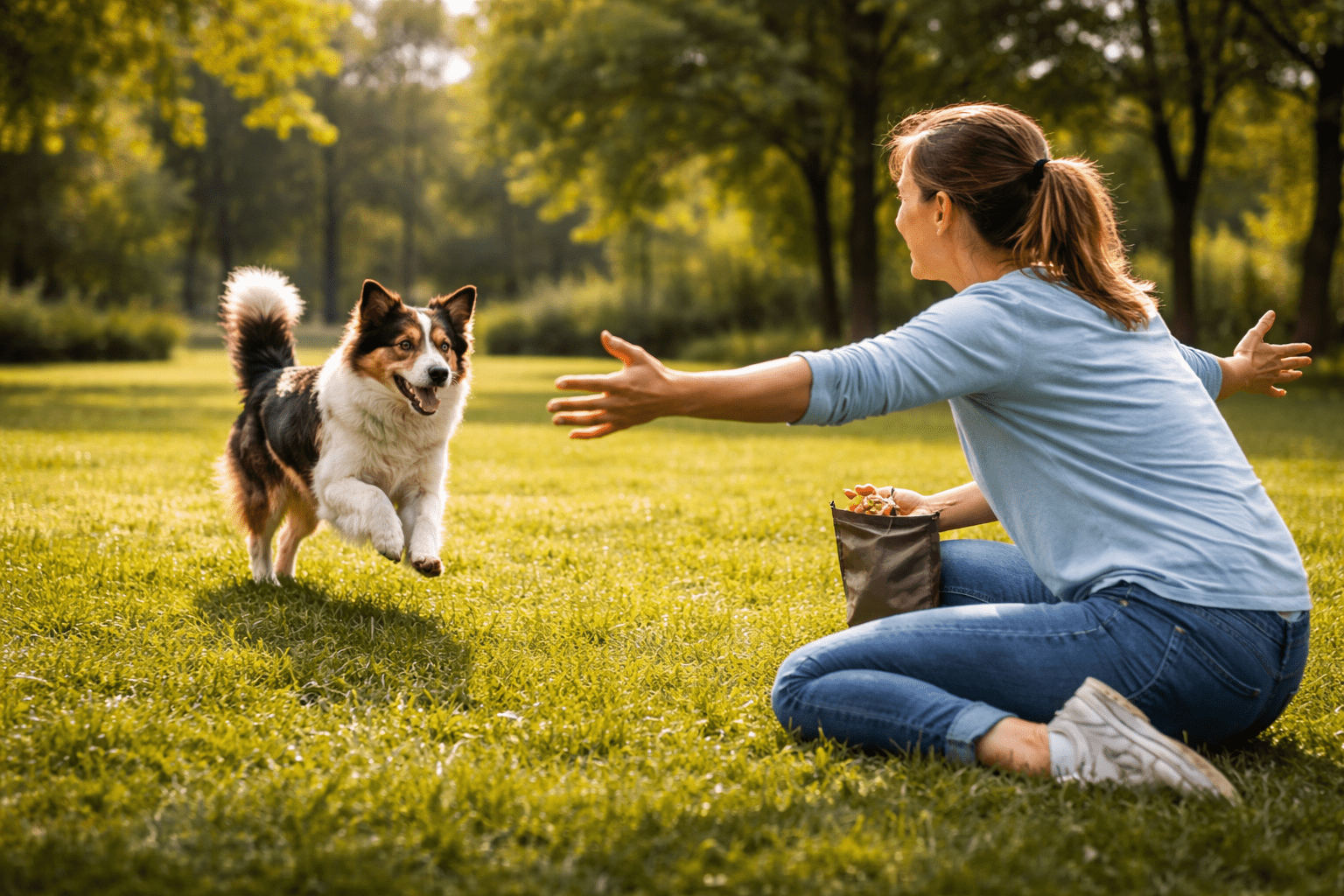 Why Do Dogs Run Away? Understanding the Causes and Prevention 4 A woman sits on grass in a park with her arms open, smiling as a happy dog runs toward her. Trees and sunlight are visible in the background, creating a cheerful outdoor scene.