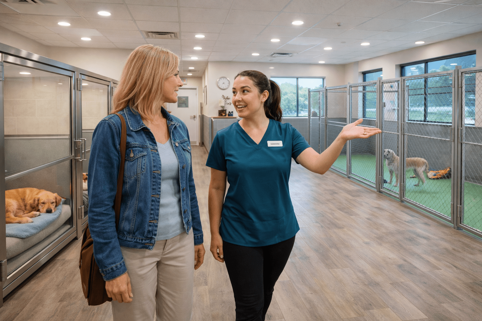 Overnight Dog Boarding Tips: Complete Guide for Pet Owners 1 Dog owner touring dog boarding facility with staff member