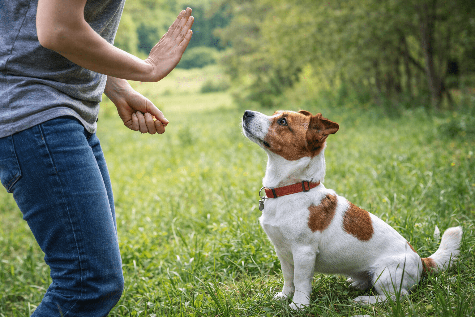 How to Calm a Hyperactive Dog: Proven Techniques That Work 1 A person in jeans and a gray shirt gives a hand signal to a small white and brown dog wearing a red collar, sitting attentively on green grass in a park or meadow.
