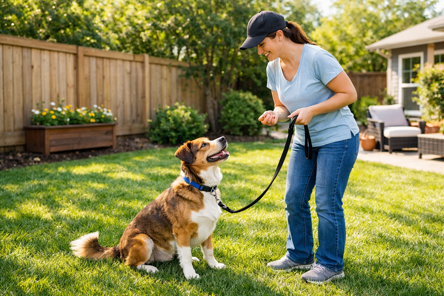 How to Stop a Dog from Eating Poop: A Complete Guide for Dog Owners 1 A woman wearing a black cap, blue shirt, and jeans is smiling while holding a leash and giving a treat to a large brown and white dog sitting on grass in a sunny backyard.